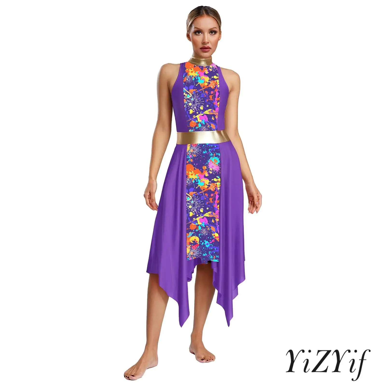 

Womens Artistic Patchwork Dance Dress Breathable Hollow Back Asymmetrical Hem for Modern Worship Praise Dance Special Occasions