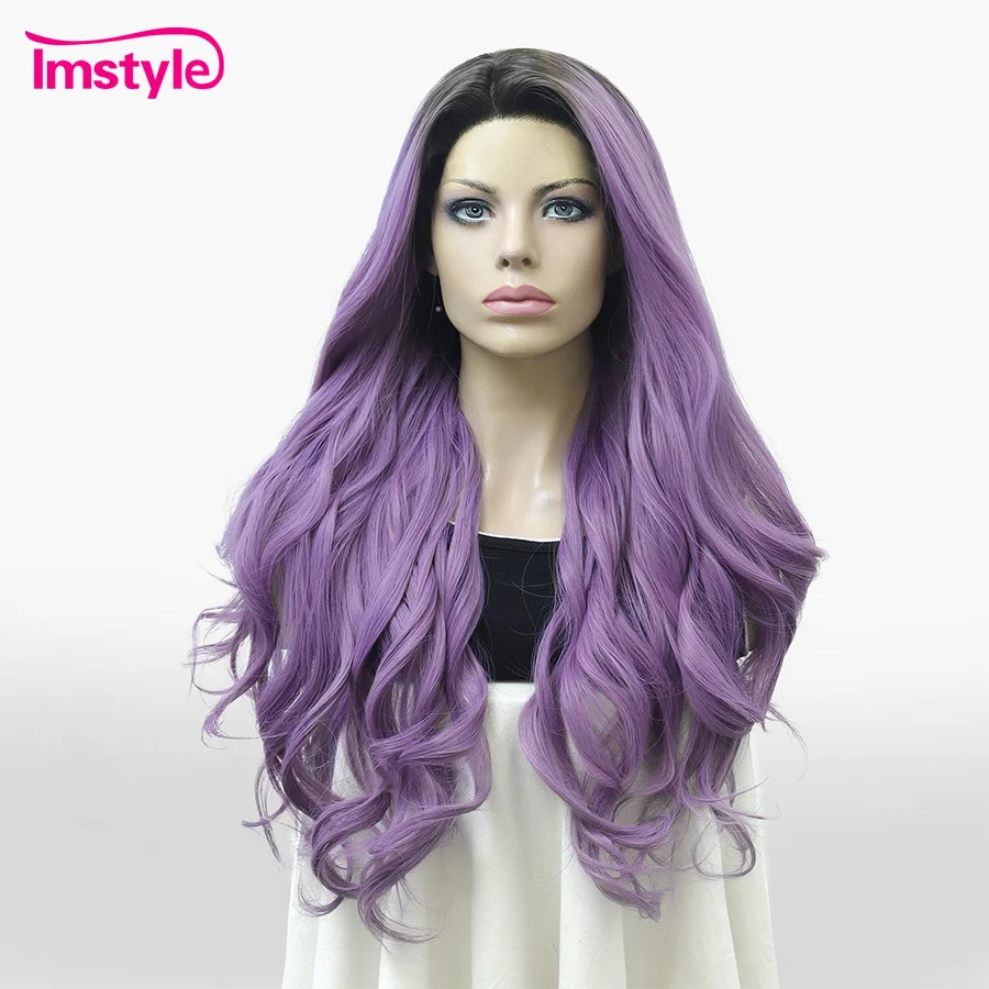Imstyle Purple Long Synthetic Lace Front Wig Natural Wavy Hair for Women Heat Resistant Fiber Cosplay Wig