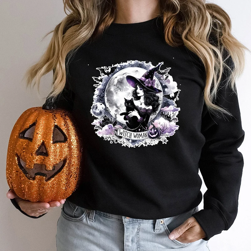 Halloween Witch Woman Print Round Neck Hoodless Pullovers Women Casual Loose Long Sleeves Halloween Print Pure Color Sweatshirts