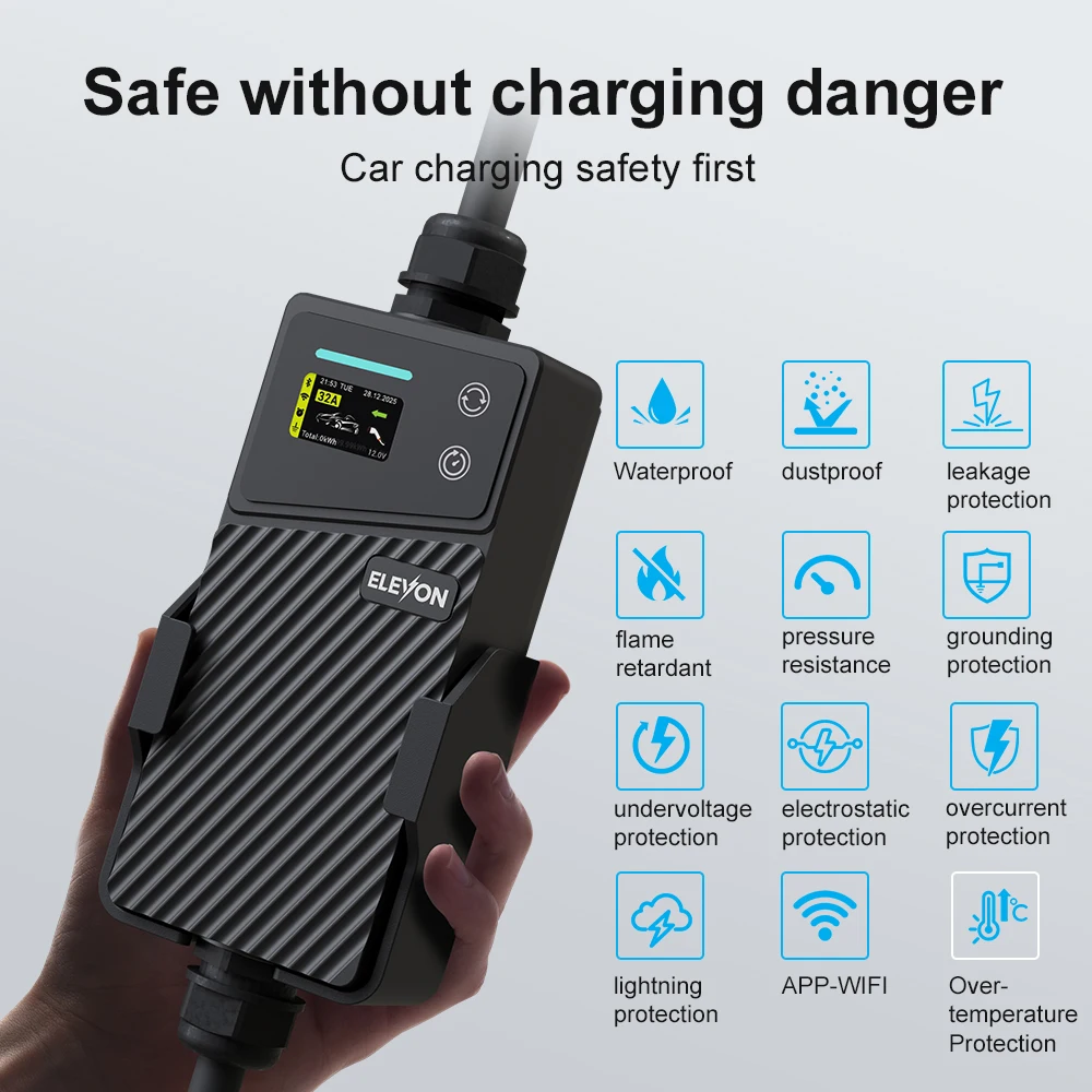 ELEVON 3.5kW Portable EV Charger NACS Plug EVSE Charging Cable Waterproof IP67 WiFi Bluetooth Control for Electric Cars