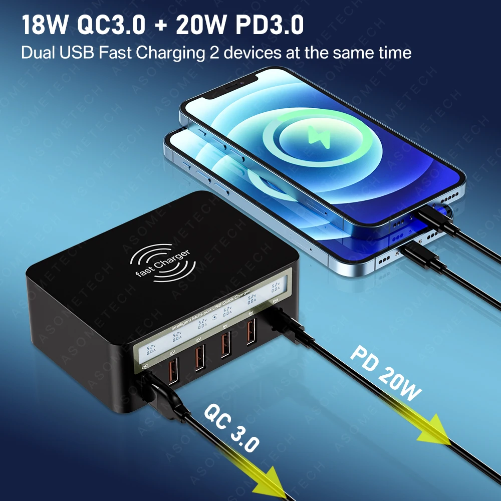 100W USB PD QC Charger Adapter Wireless Charger 6 Ports Fast Charging Station for IPhone 14 13 12 Pro Max IPad, Samsung Huawei