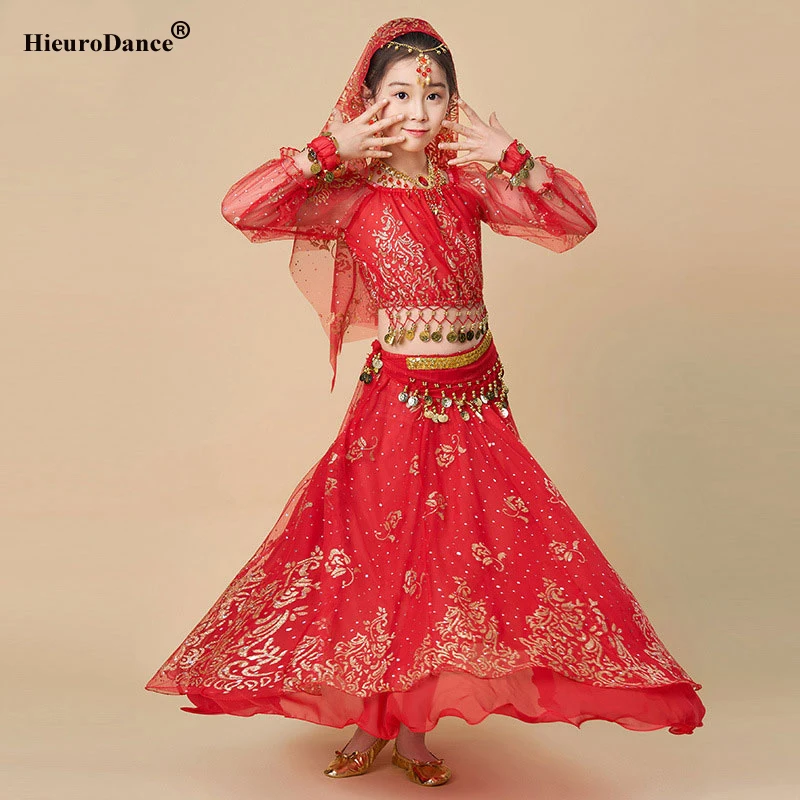 Costume de danse du ventre indien en mousseline de soie pour enfants, ensemble de 4 pièces pour spectacle d'halloween, tenues en tissu de danse pour enfants
