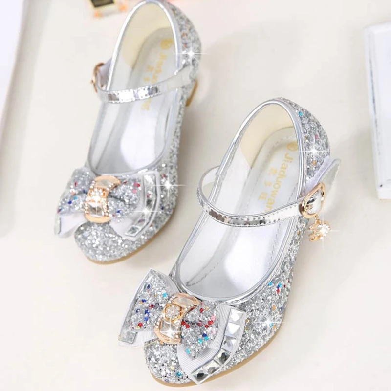 Princess Kids Leather Shoes for Girls Flower Casual Glitter Children High Heel Girls Shoes Butterfly Knot Gold Silver