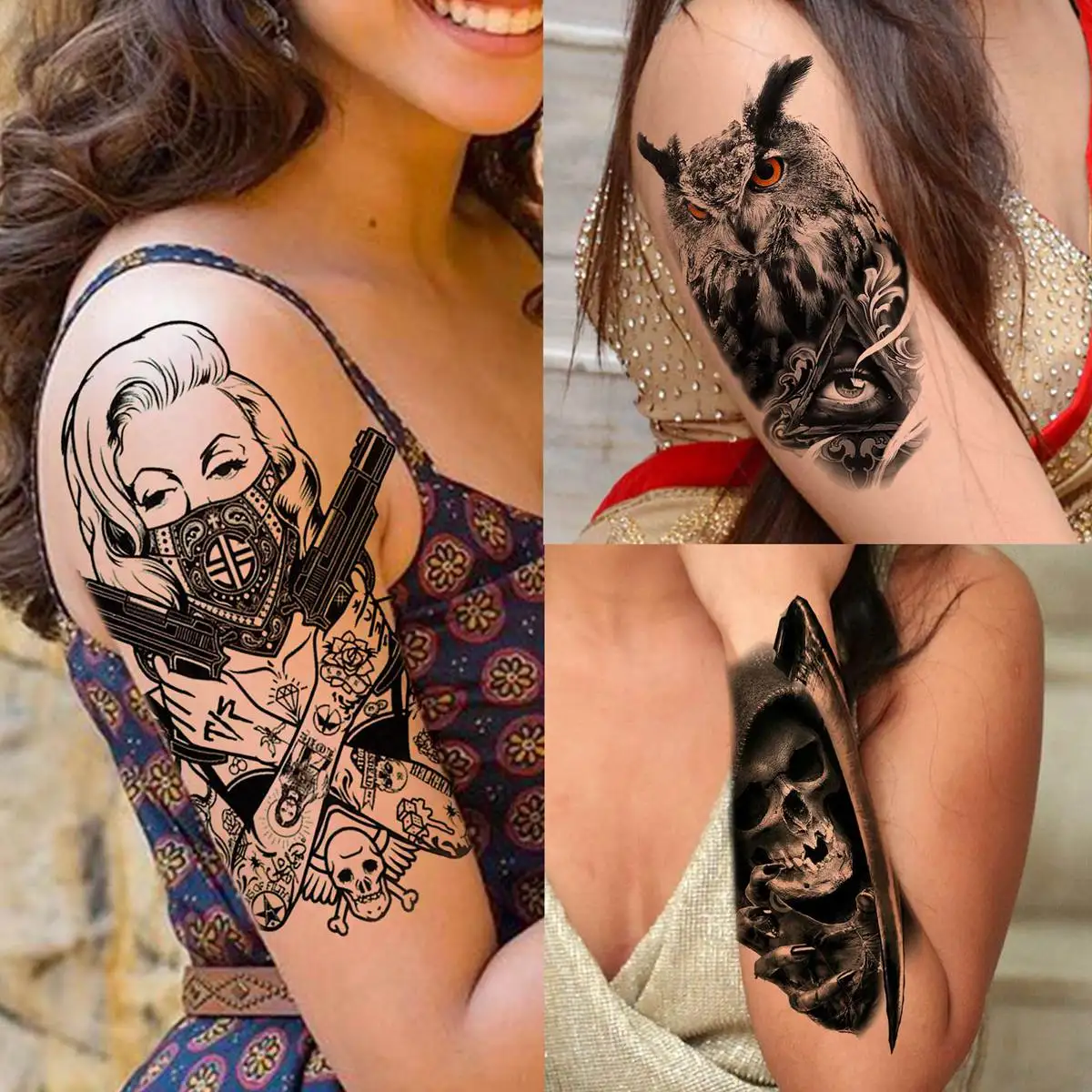 63 Sheets Black Lion Wolf Temporary Tattoos For Women Men Arm Fake Tiger Tattoo Sticker Scary Skull Skeleton Tatoos Owl Flower