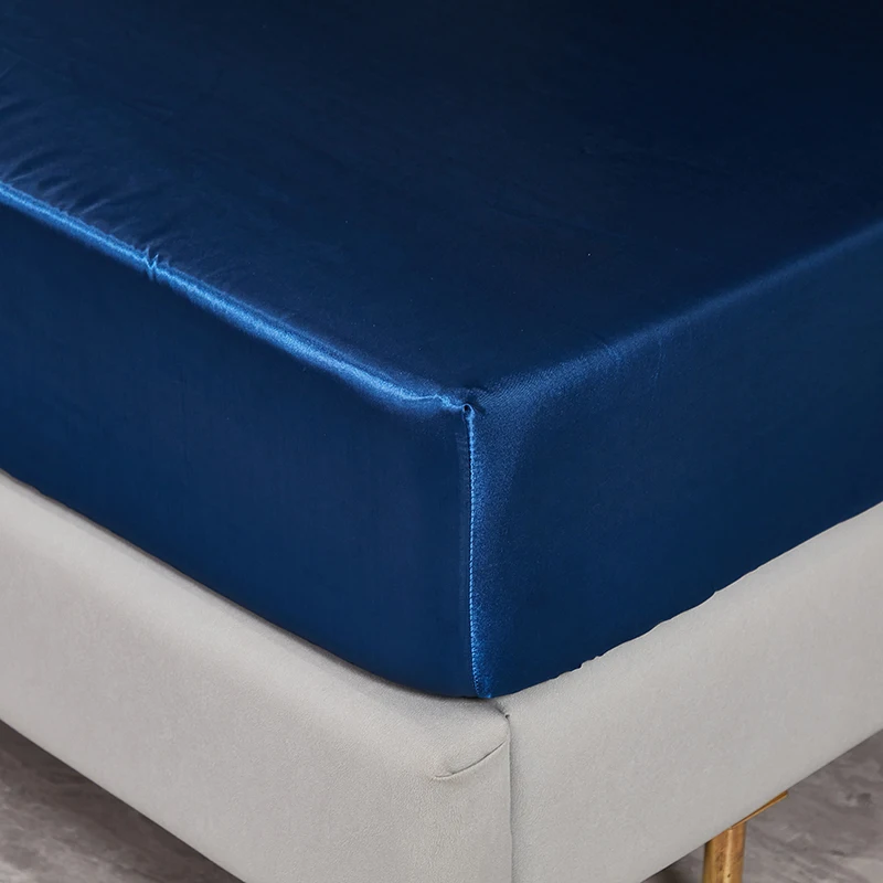 Navy Blue Silk Satin Fitted Sheet Sets, Soft Deep Pocket Queen Bottom Bed Sheets Set Non- Fading, Breathable Mattress Protector