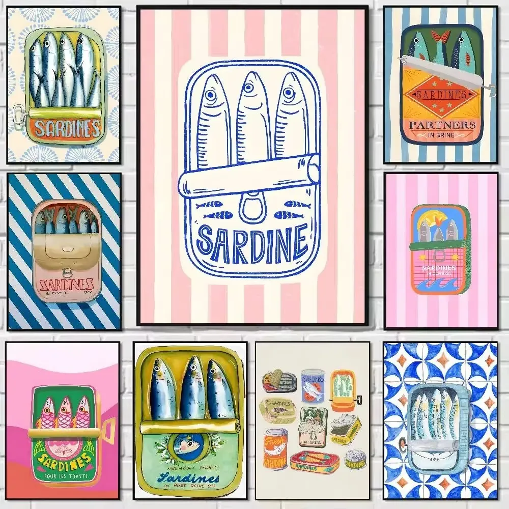 Póster en lienzo de animales marinos de sardinas coloridas, impresiones artísticas de pared de comida de sirena roja minimalista, decoración moderna para el hogar, cocina y Bar