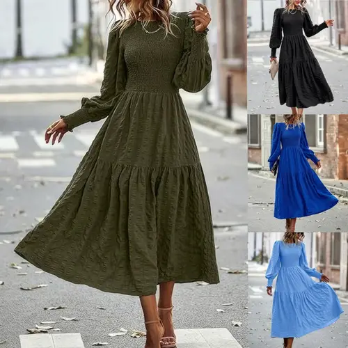 Vestido bohemio de manga larga con cuello redondo para mujer, vestido informal de manga farol, otoño e invierno, novedad de 2024