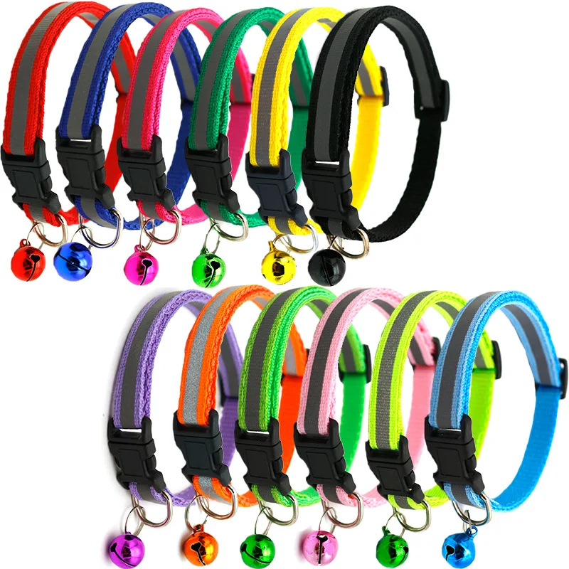 Reflective Dog Cat Collar with Bell Adjustable Nylon Pet Collar Quick Release Buckle Night Safety Glow for Small Dogs Cats Puppy