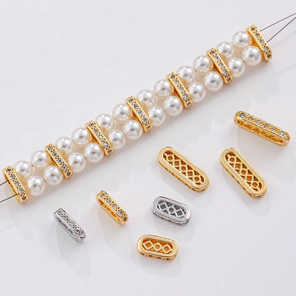 14K Gold Color Plated Porous Elliptical Zircon Bead Spacer DIY Pearl Bracelet Connector Jewelry Making Supplies Accessories 4pcs