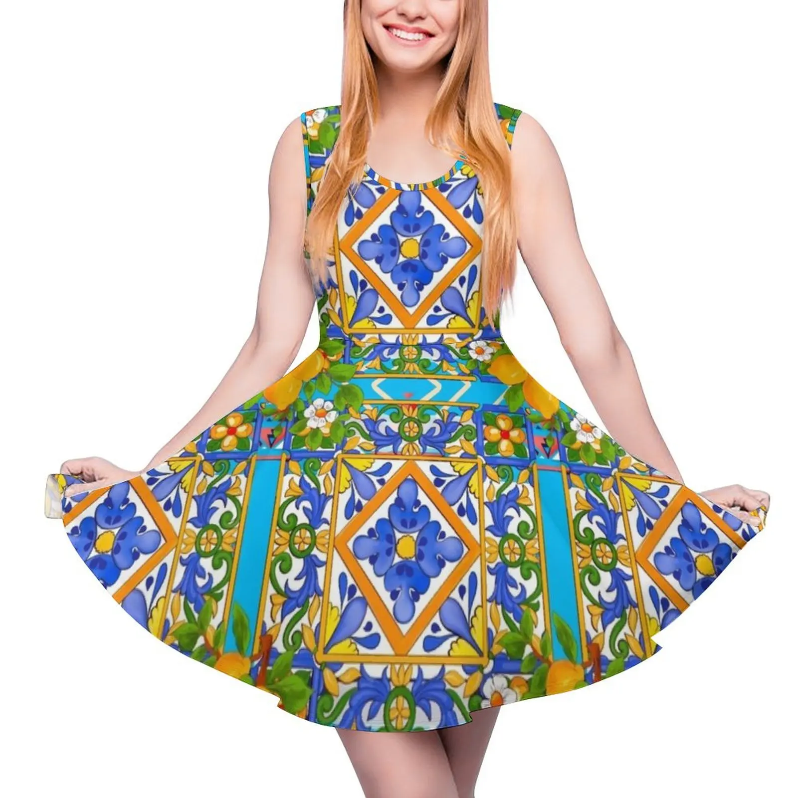 

Summer,citrus,mosaic background ,Mediterranean style,lemon fruit pattern Sleeveless Dress women party dresses