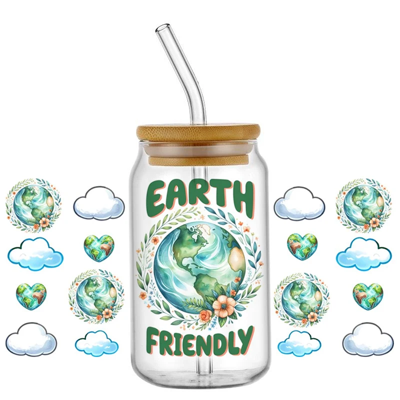 Cartoon Design Cute Earth Day 16OZ UV DTF Cup Wrap Transfer Sticker For Glass Libbey Can Bottle Selfadhesive Washable DIY Custom