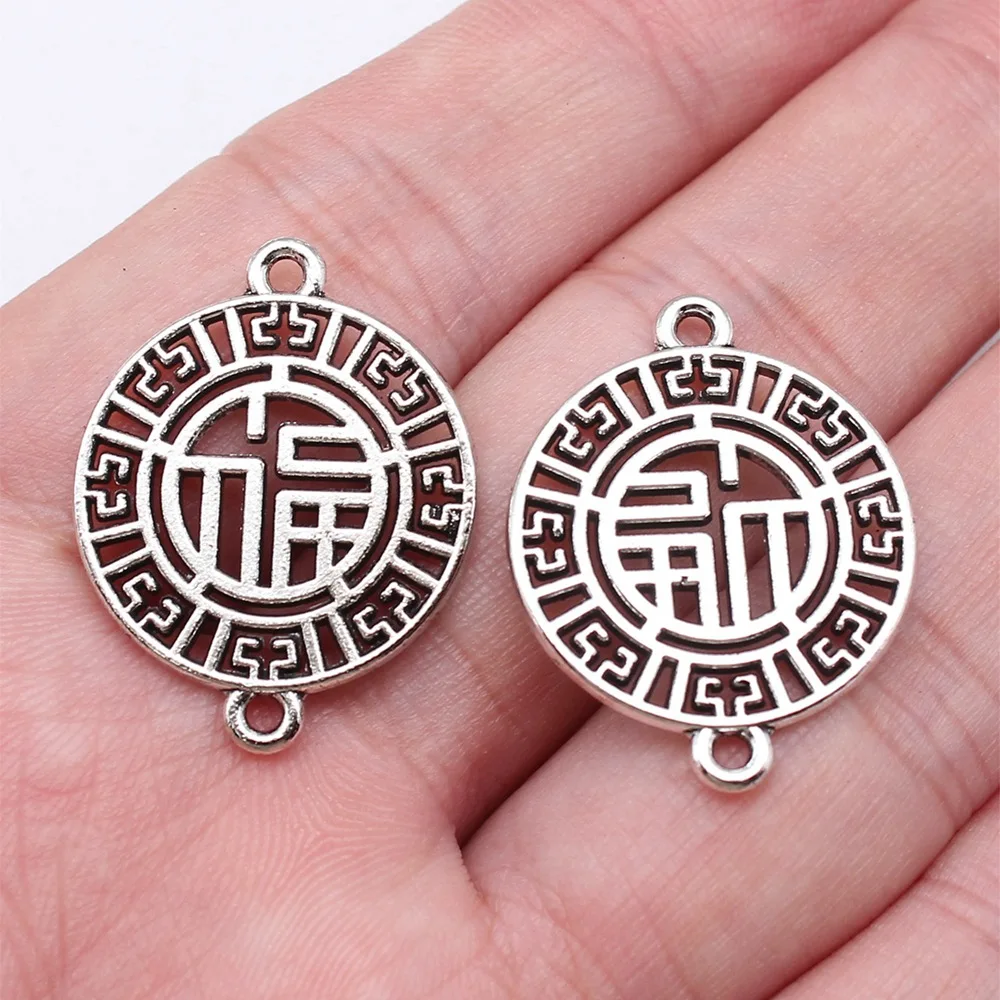 10pcs/lot 27x21mm Chinese Style Fu character connector For Jewelry Making Antique Silver Color 1.06x0.83inch