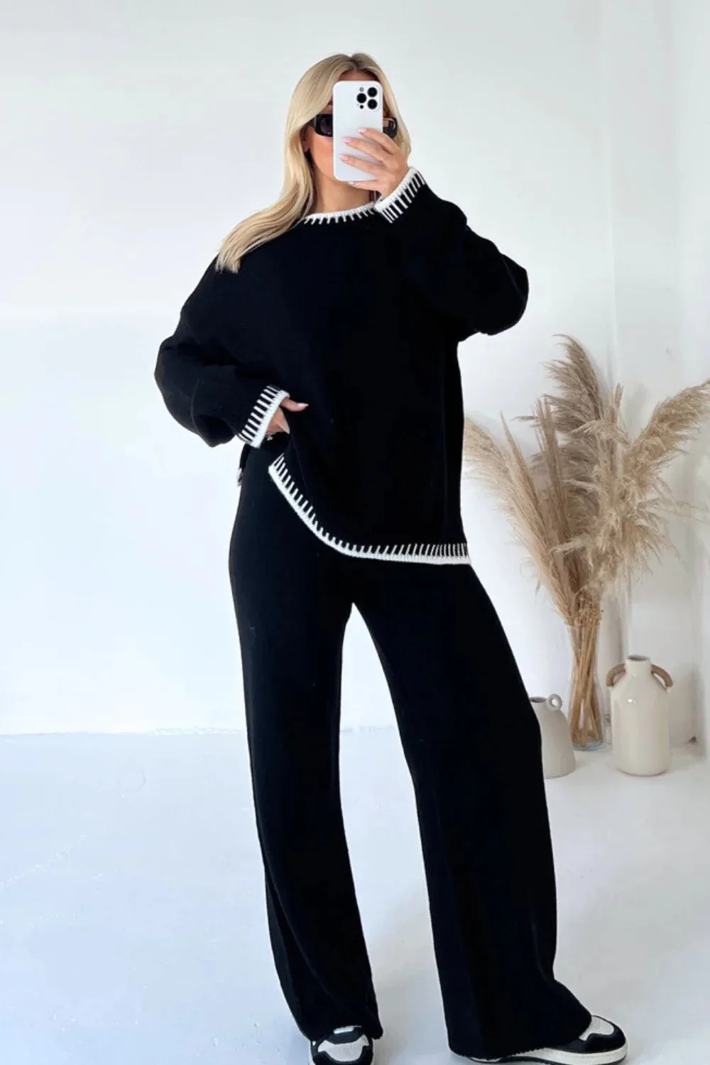 Striped Elegant Women Knitted Home Suit Split Sweater Top Elastic High Waist Straight Pants 2 Pieces Set Female Autumn Winter