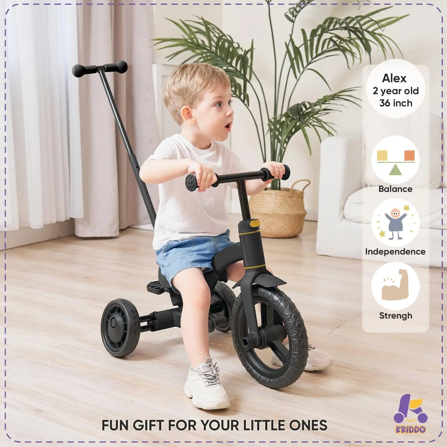 4-in-1 Kids Tricycle for 1.5 to 3 Yea Old with Parent Steering Push Handle, 12 Inch Front Wheel Trike, Toddler Balance Bike for