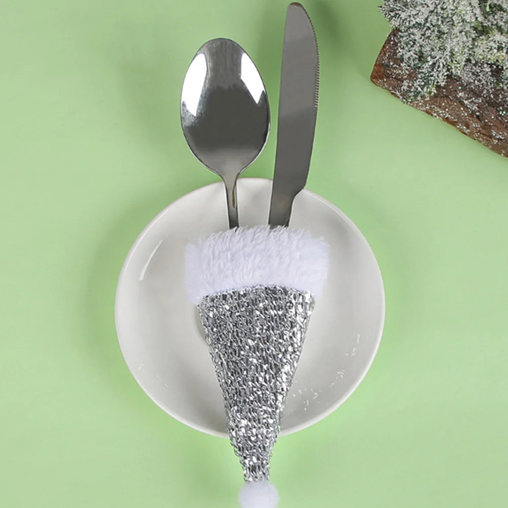 

5Pcs Small Christmas Cap Cutlery Pouches Wine Bottle Covers Xmas Table Centerpieces Miniature Christmas Hat Cutlery Cap Decor