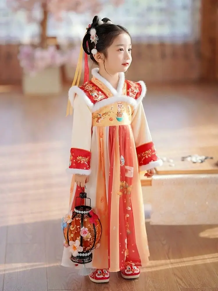 Girls' Hanfu Dress Autumn/Winter Collection Children's Plush Thick Chinese Style Dress Baby's New Year's Clothing