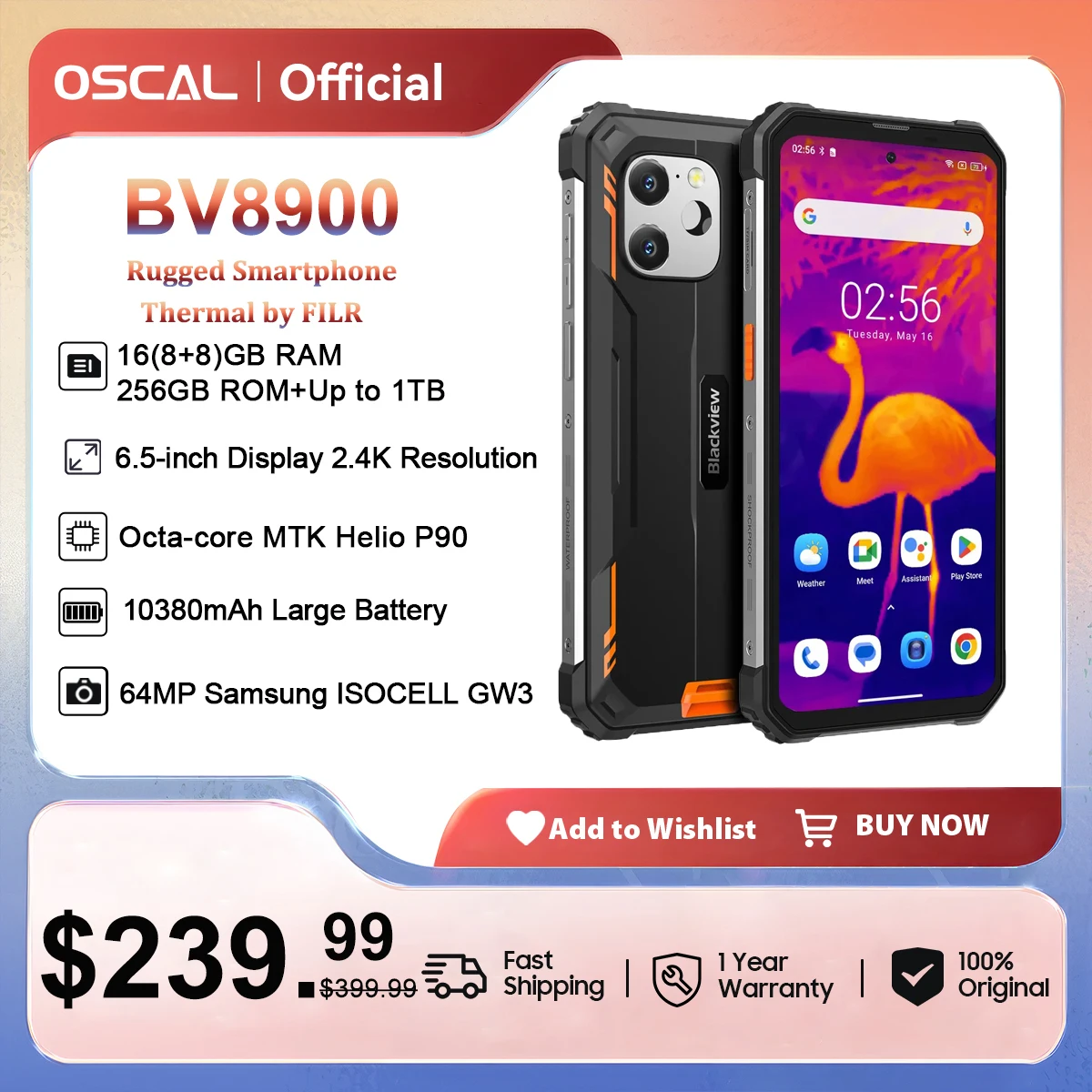 OSCAL Blackview Smartphone Robusto, Térmico por FLIR, BV8900, 6.5 ", 2.4K Display®Telefone celular Helio P90 Android 13, 16GB, 256GB