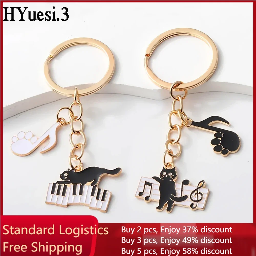 Black White Piano Cat Charms Keychain Music Theme Enamel Musical Note Keyrings For Handbag Decoration Party Gifts Diy Jewelry