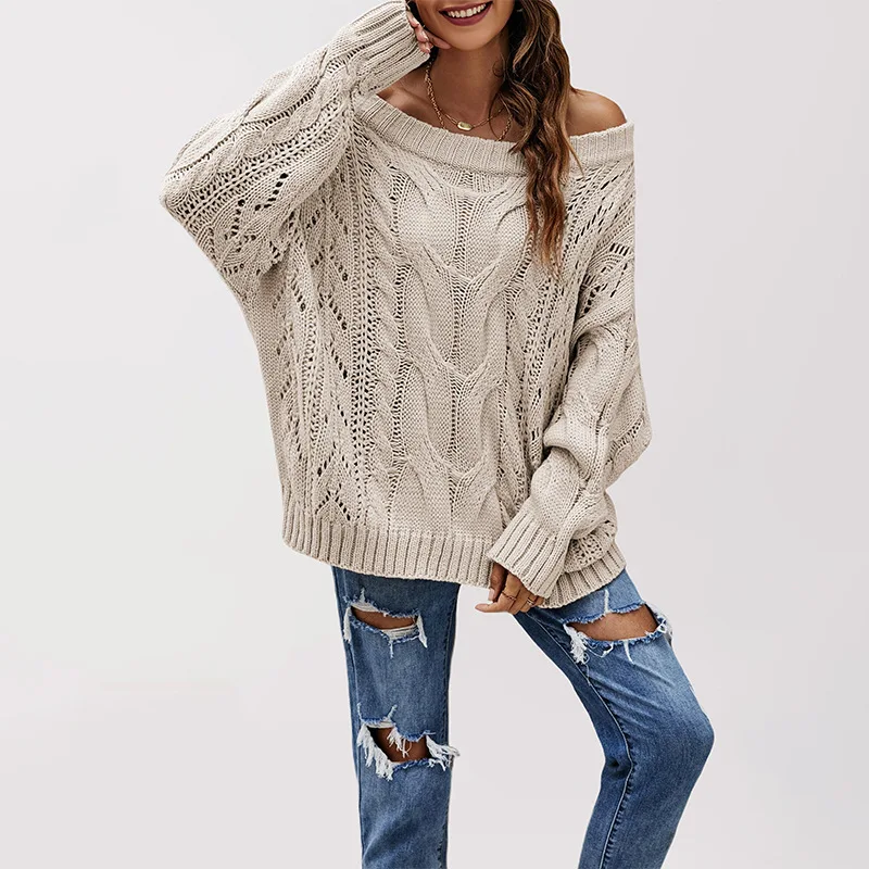 

2026 New Women's Off-Shoulder Loose Sweater One-Neck Solid Color Pullover Knitted Sweater