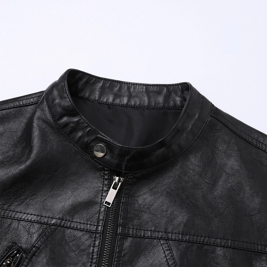 Stand Collar PU Jacket Men Motorcycle Biker Baseball Jacket Coat Fashion Casual Cargo Jacket Male PU Coat Black