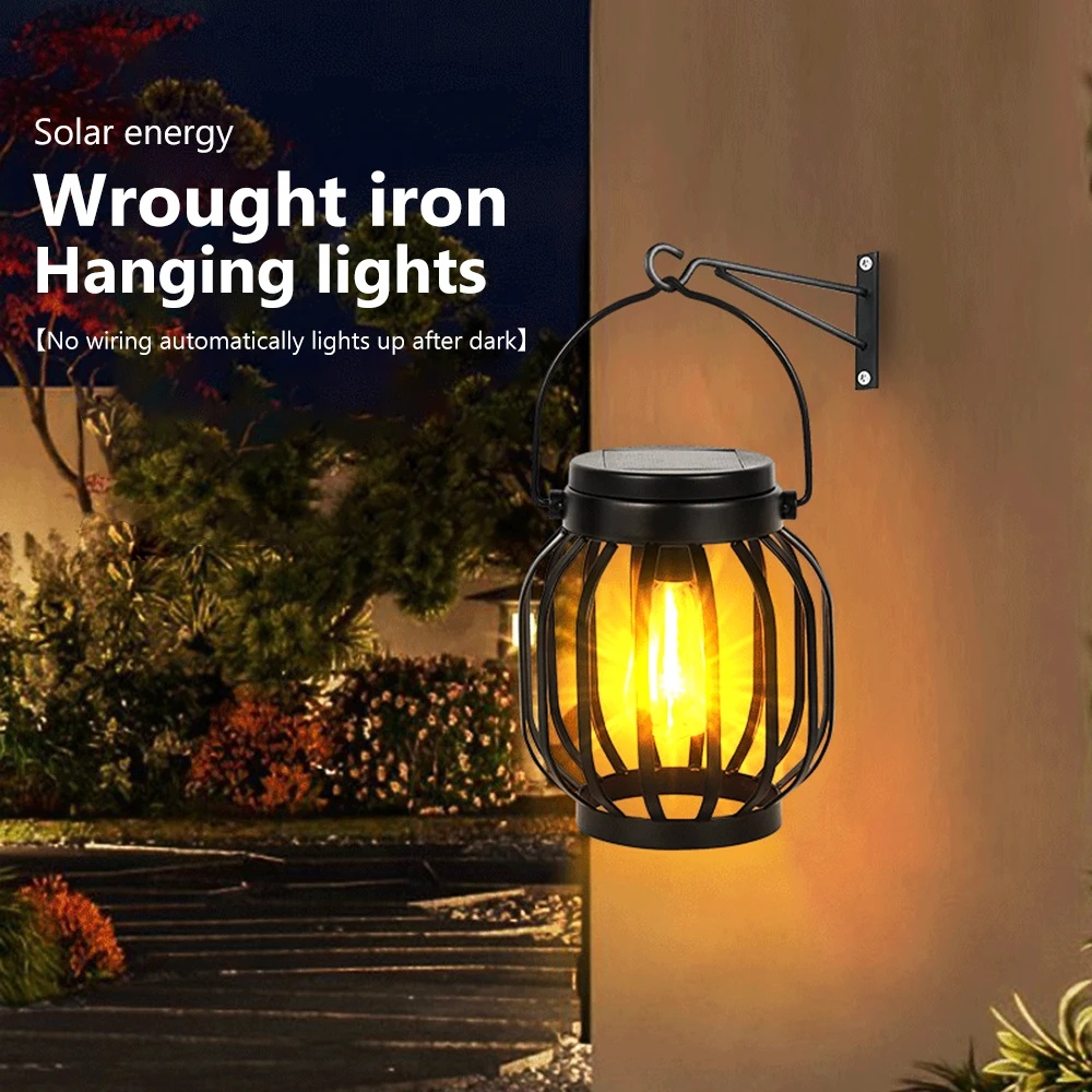 Solar Flame Hanging Lantern Flickering Flames Lights Outdoor Waterproof  Solar Powered Wall Mounted Lights Fence Patio Porch Gar