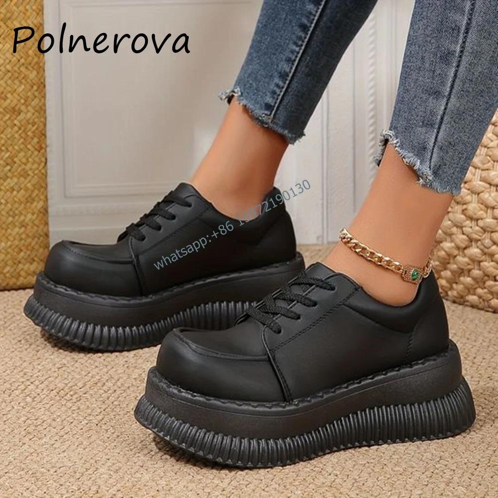 

Real Leather 8 Cm High Increase Pumps Round Toe Thick Soled Lace Up Solid Black Shoes Newest Classical High Quality Sneakers