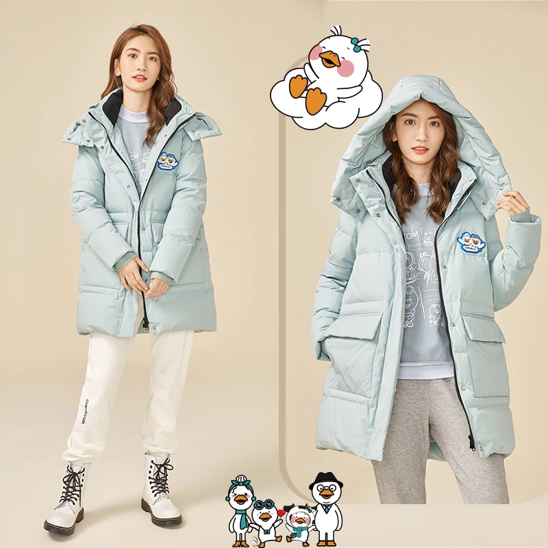 Chericom Women's Winter Down Jacket Cartoon Removable Hooded Mid Long Duck Down Padding Warm Parent-Child Puffer Coats 279297