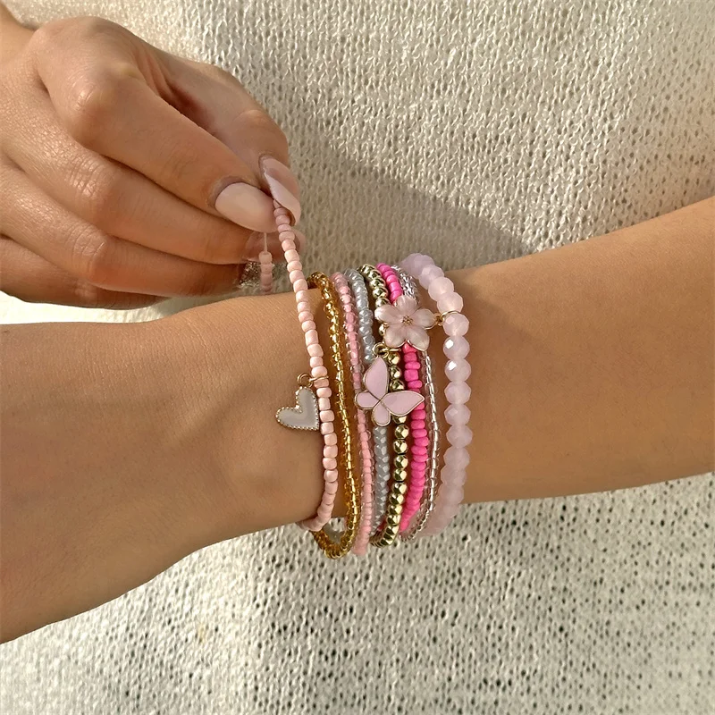 9-teiliges Set Böhmische Schmetterlings-Blumen-Anhänger-Armbänder für Frauen, Handgefertigte Reisperlen-Armbänder, Gestapelte Armbänder, Sommer-Strandparty-Schmuck – Detail 8