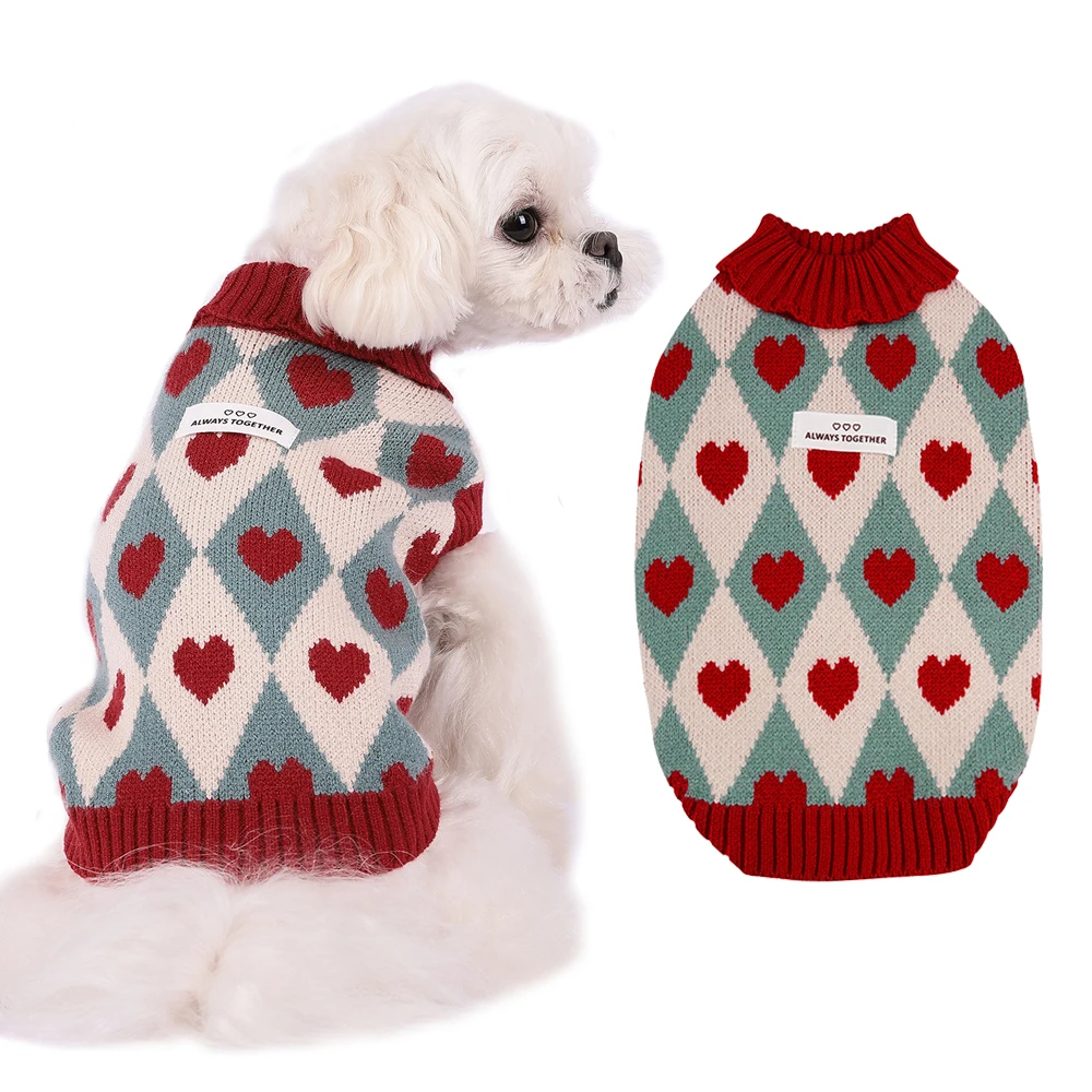 Sweater for Dog Winter Warm Small Dog Clothes Cute Diamond Heart Pattern Knitted Puppy Sweaters Turtleneck Chihuahua Yorkie Coat