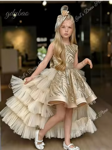 Sleeveless Sequin Embroidered Evening Dress with Layered Tulle and Asymmetrical Hem Formal Party Dress for Children's Pageants