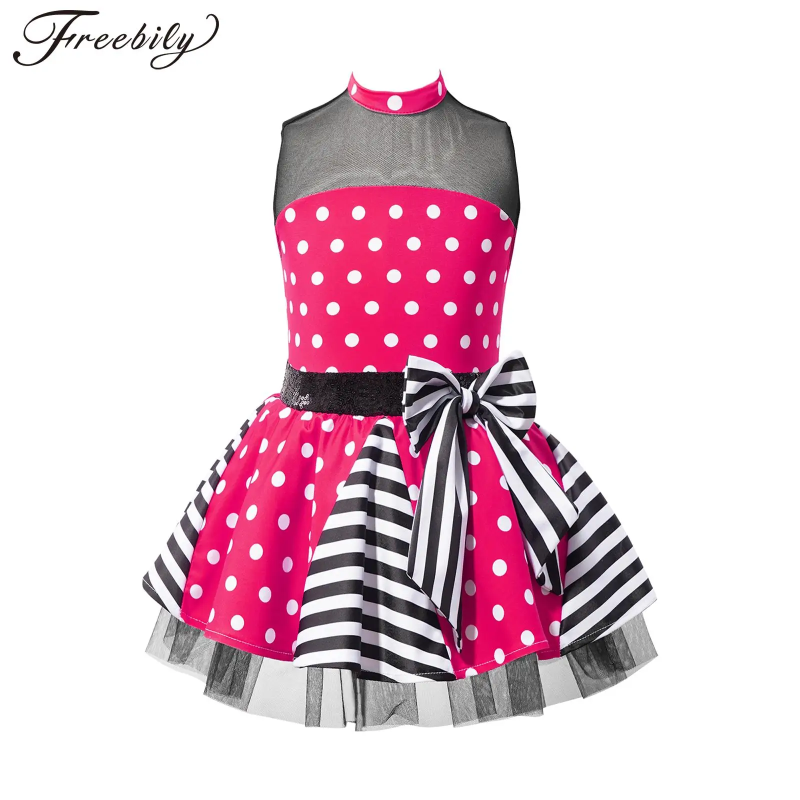 Robe de danse de Ballet pour enfants filles, sans manches, paillettes, pois, nœud en maille, justaucorps, Tutu, patinage, gymnastique, spectacle sur scène