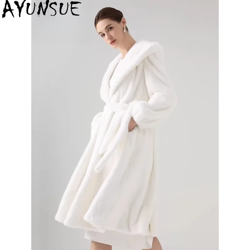 AYUNSUE Purple Label Velvet Hooded Fur Coat Woman Luxury Winter Jackets Woman Solid Color Real Fur Coats Woman Clothes Шуба