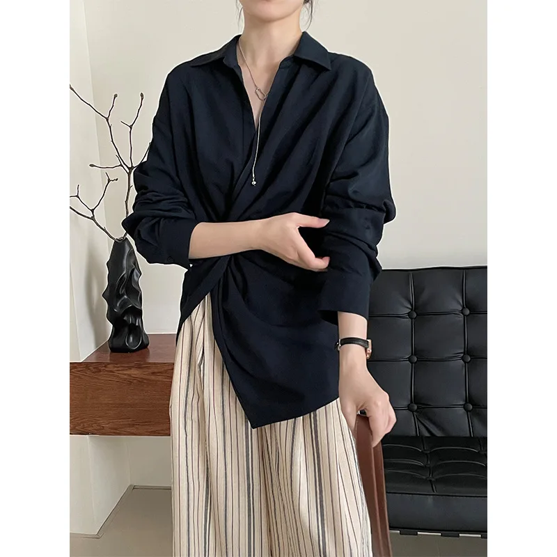 

Korean White Navy Irregular Knot Elegant Blouse New Lapel Long Sleeve Shirt Fashion Tide 2025 Women