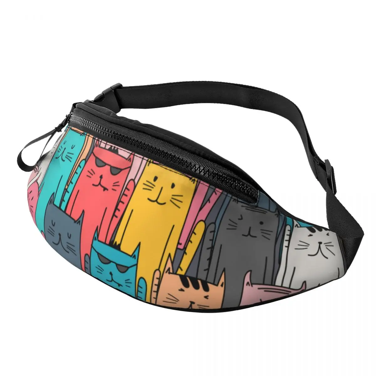 Custom Colorful Cartoon Kitten Cat Fanny Pack Women Men Casual Black Cats Crossbody Waist Bag for Hiking Phone Money Pouch