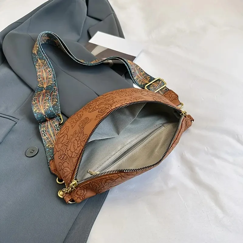 Borsa da petto retrò con motivo floreale in rilievo, borsa a tracolla retrò, borsa a tracolla in stile etnico da donna