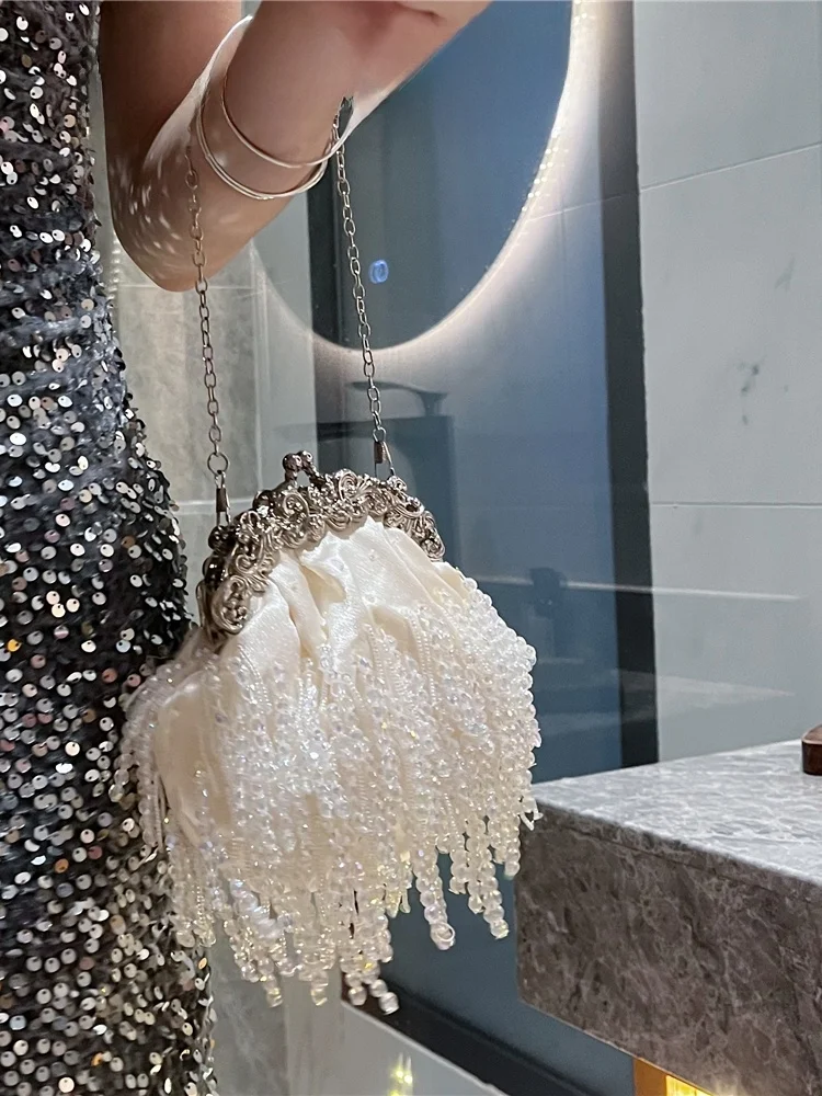 

Tassel Trimmed Sequin Satin Surface Bag Ladylike Pearl Chain Strap Small Crossbody Soft Bag for Casual Occasions