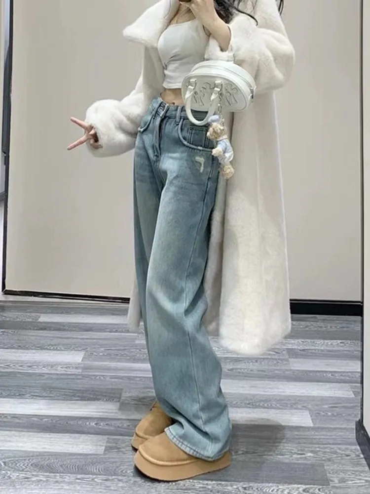 ZHISILAO Vintage Blue Ripped Jeans Women Casual Blue High Waist Wide Leg Straight Denim Pants Streetwear 2024