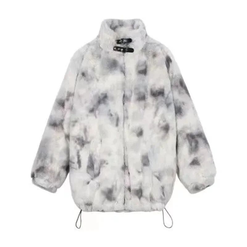 Winter Women's New Tie Dyed Plush Coat Versatile Vibe Style Thickened and Cotton Loose Korean Imitation Rabbit Hair Warm Coat