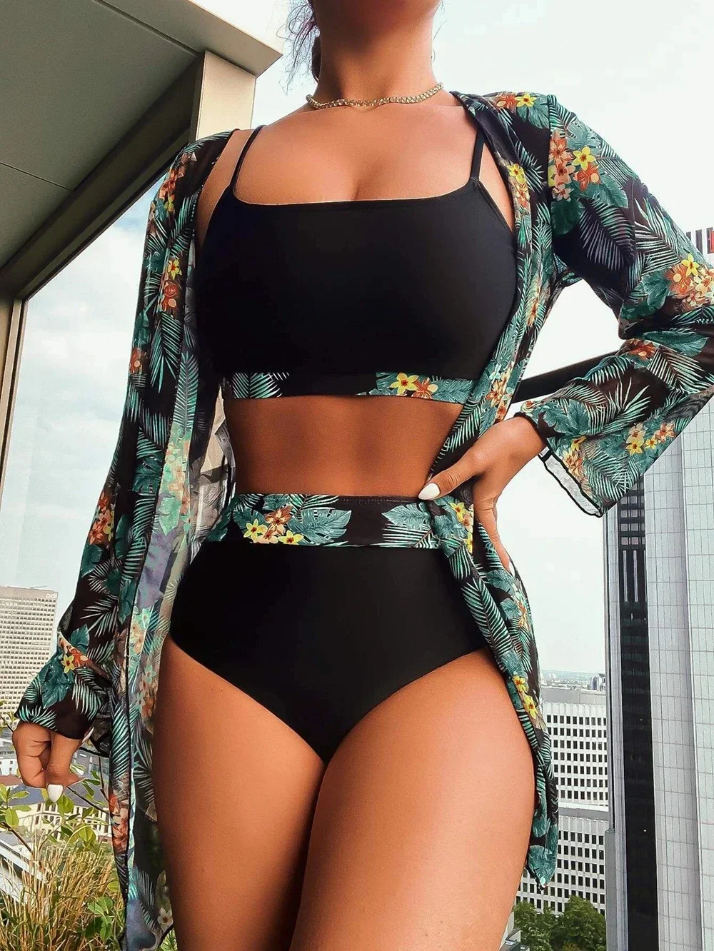 Hot Selling Women Bikini 3 Pieces Suit Black/Green/Red Bikini Sets With Long Sleeved Cover Ups High Quality Size Small-XXLarge