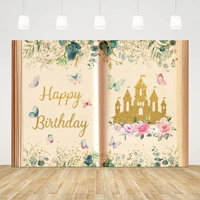 

Mehofond Photography Background Butterfly Fairy Tale Book Floral Princess Birthday Party Gold Castle Decor Photo Backdrop Studio