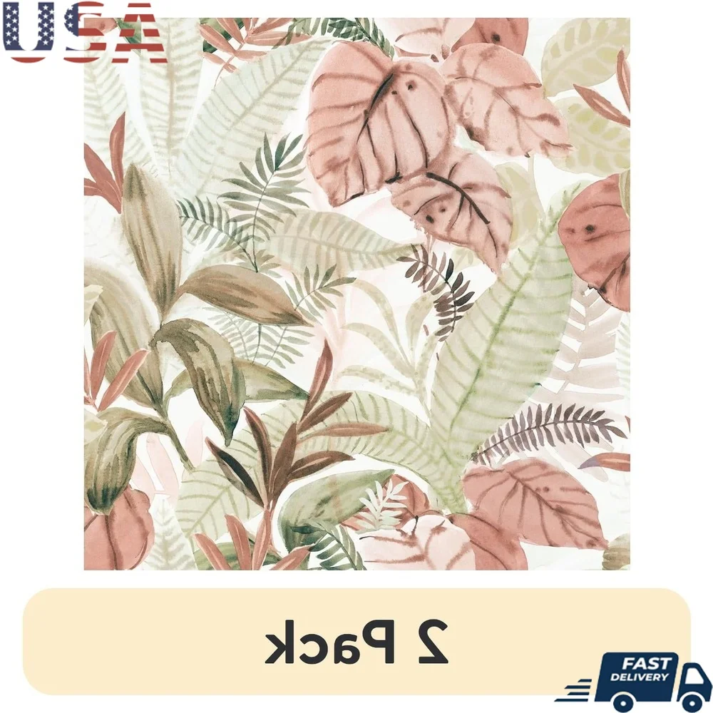 

2 упаковки розовых тропических обоев с кожурой ладони и наклеиванием, 13,35 кв. футов, самоклеящиеся съемные обои для стен, легко чистящиеся, обновление для дома своими руками