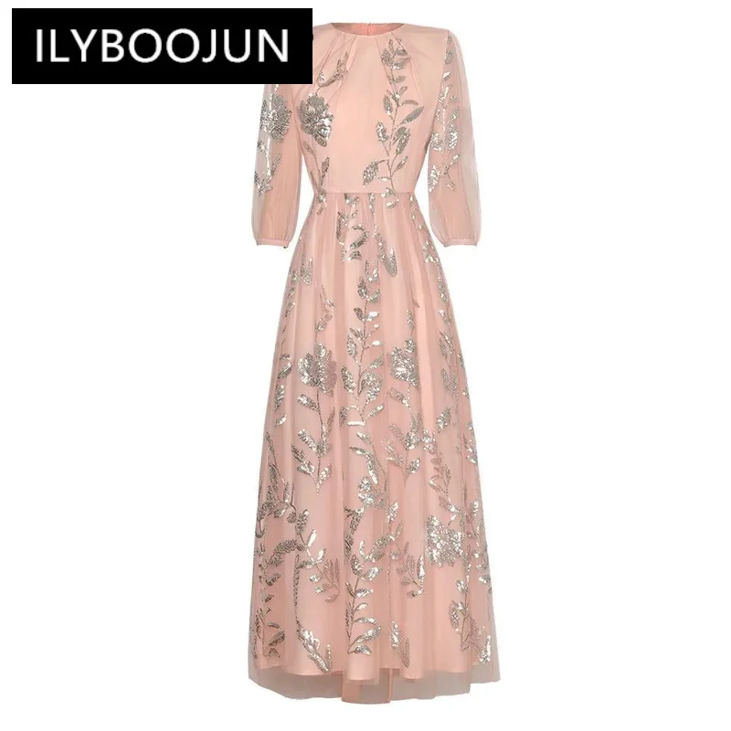 

ILYBOOJUN 2024 Summer Fashion Runway O Neck Flowers Sequin Mesh Sheer High Waist Lantern Sleeve Princess Style Big Swing Dress