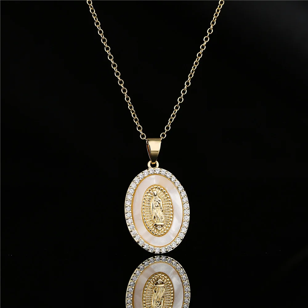 NEWBUY Classical Women\'s Religious Jewelry Copper CZ Zircon Inlay Virgin Mary Pendant Stainless Steel Chain Necklace