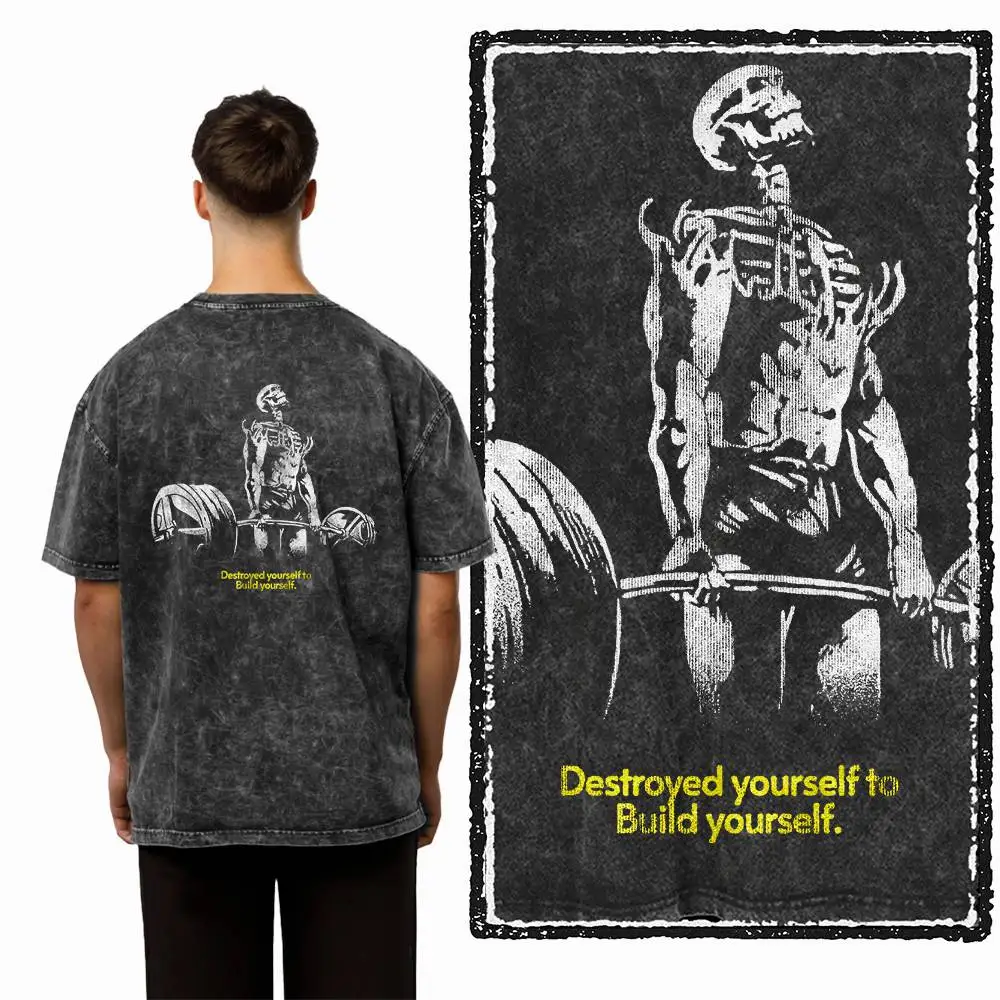 G70 Back Print Acid Washed Cotton Men's Cool Gym Skull Graphic T-shirt |  Streetwear Big Size O-neck men's Tee Tshirt