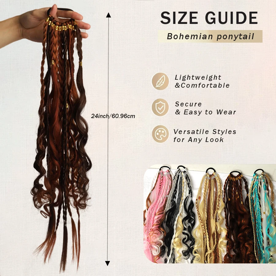 24 Inch Boho Braided Ponytail Wig, Beaded Bohemian Viking Braid With Elastic Hair Tie, Braided Hair Extension for Festival Party