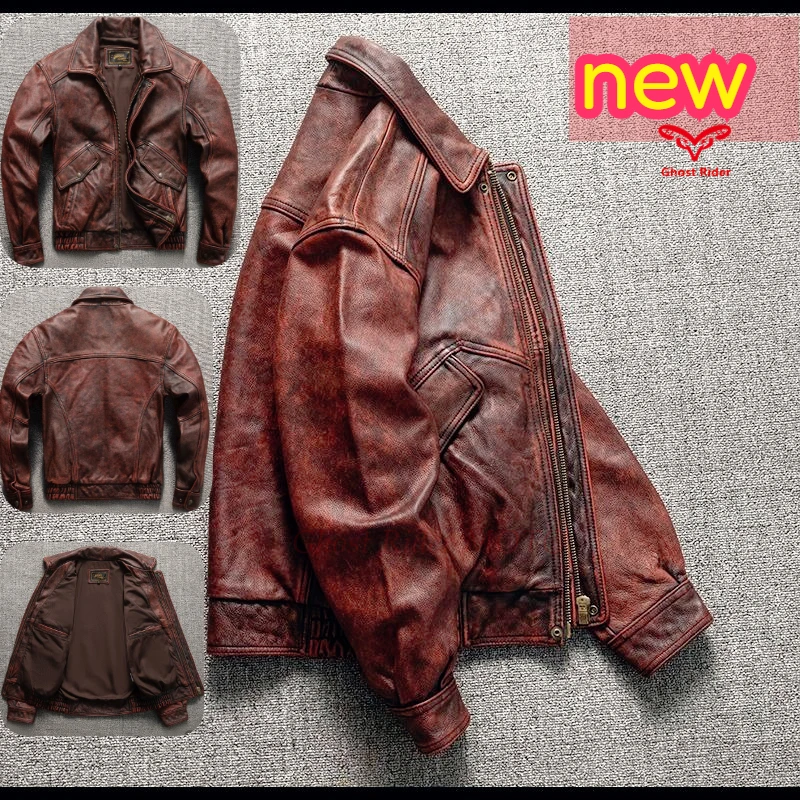 Cowhide leather jacket men's retro old flight suit leather jacket large size motorcycle jacket autumn and winter coat 5XL