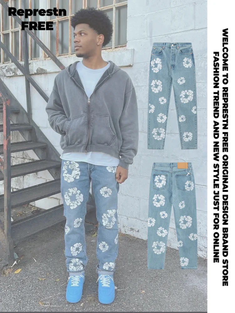 

Represtn Free Vintage Waed Cotton Flannel Loose Straight Leg Casual Men's Jeans Floral Print High Street Sle Youth Faion