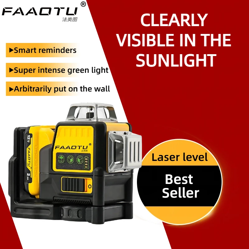 FAAOTU DW089LG 12v 12 Line Laser Level Unit 3 Sides*360 Degree Vertical Self Levelling Green Professional Laser Level