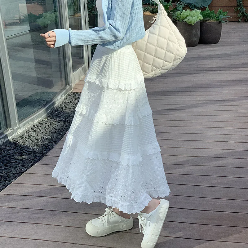 Jupes mi-longues décontractées en dentelle blanche pour femmes, taille haute, ligne A, longues, élégantes, minces, vêtements féminins, style preppy