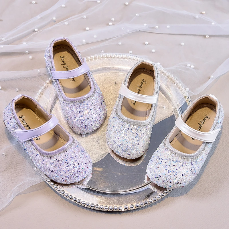 Fashionable Rhinestone Mary Jane Shoes for Girls Leather Flat Bottomed Children's Shoes Performance Girls' Flat Shoes 23-36